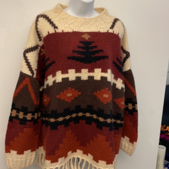 Sarah Windsor vintage handmade tribal Aztec fringe wool sweater Made in England - Picture 2 of 7